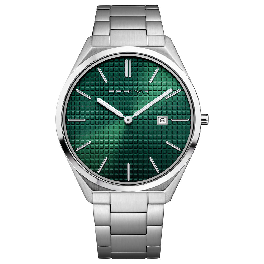 Bering Ultra Slim 40mm Green Dial Polished Silver Strap Watch-PEROZ Accessories