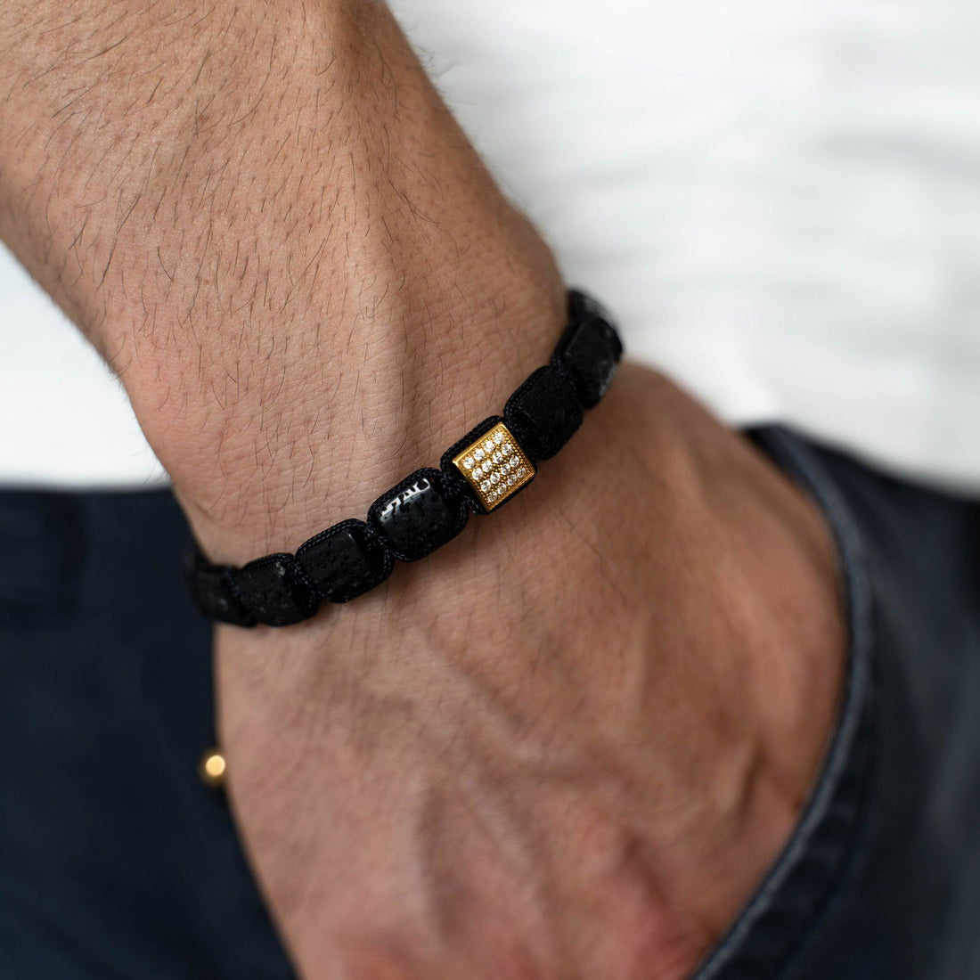 Black Lava Beaded Bracelet with Gold Plated CZ Setting