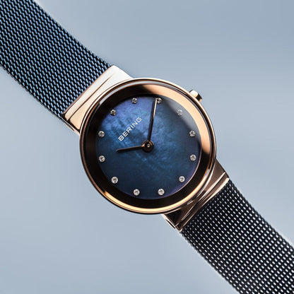 Bering Classic Polished Rose Gold Blue Mesh Swarovski Watch-PEROZ Accessories