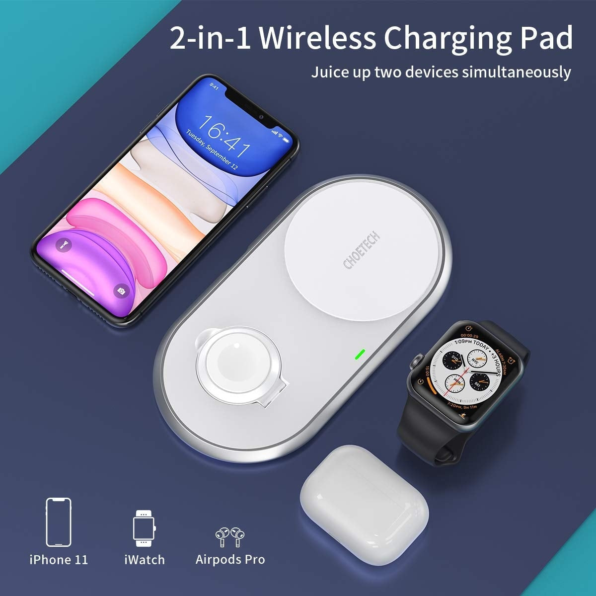 CHOETECH T317 2-in-1 Dual Wireless Charger Pad (MFI Certified)-Chargers-PEROZ Accessories