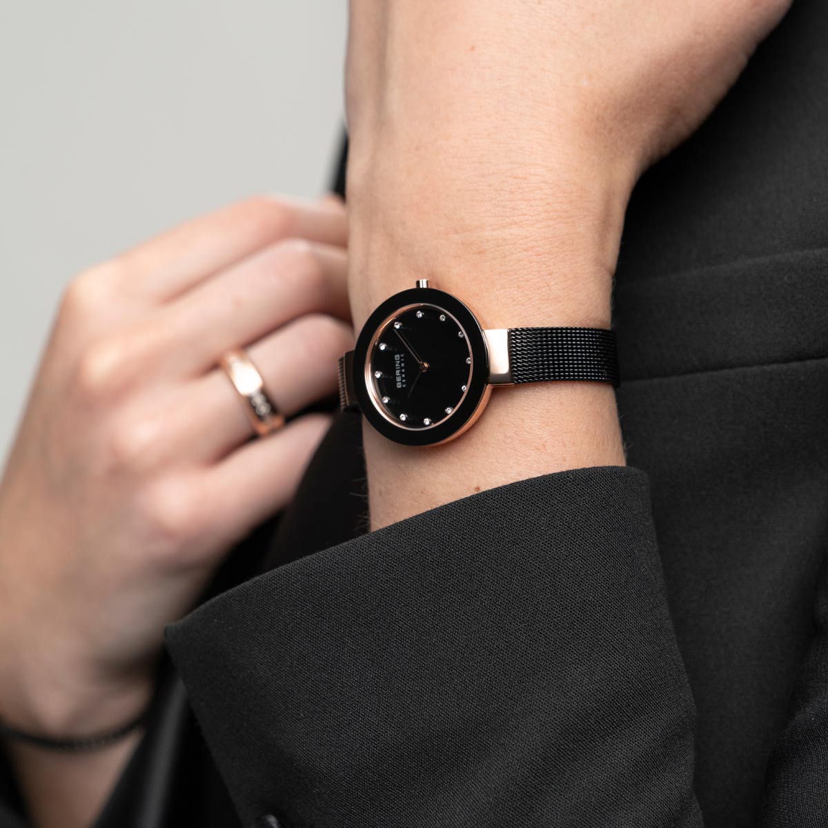 Bering Ceramic Polished Rose Gold Black Mesh Watch-PEROZ Accessories