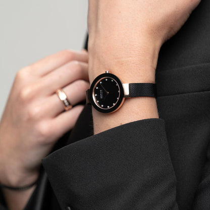 Bering Ceramic Polished Rose Gold Black Mesh Watch-PEROZ Accessories