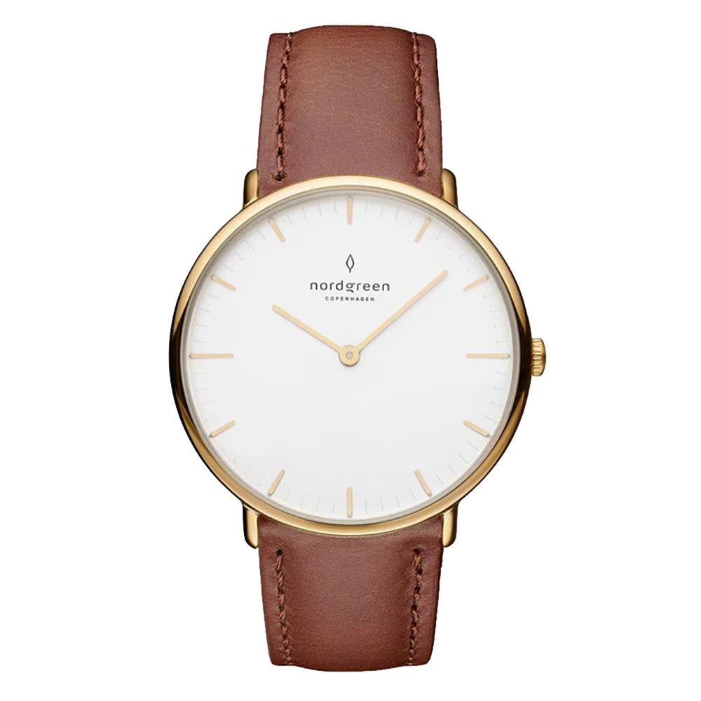 Nordgreen Native 36mm Yellow Gold Case Brown Leather Strap Watch-PEROZ Accessories