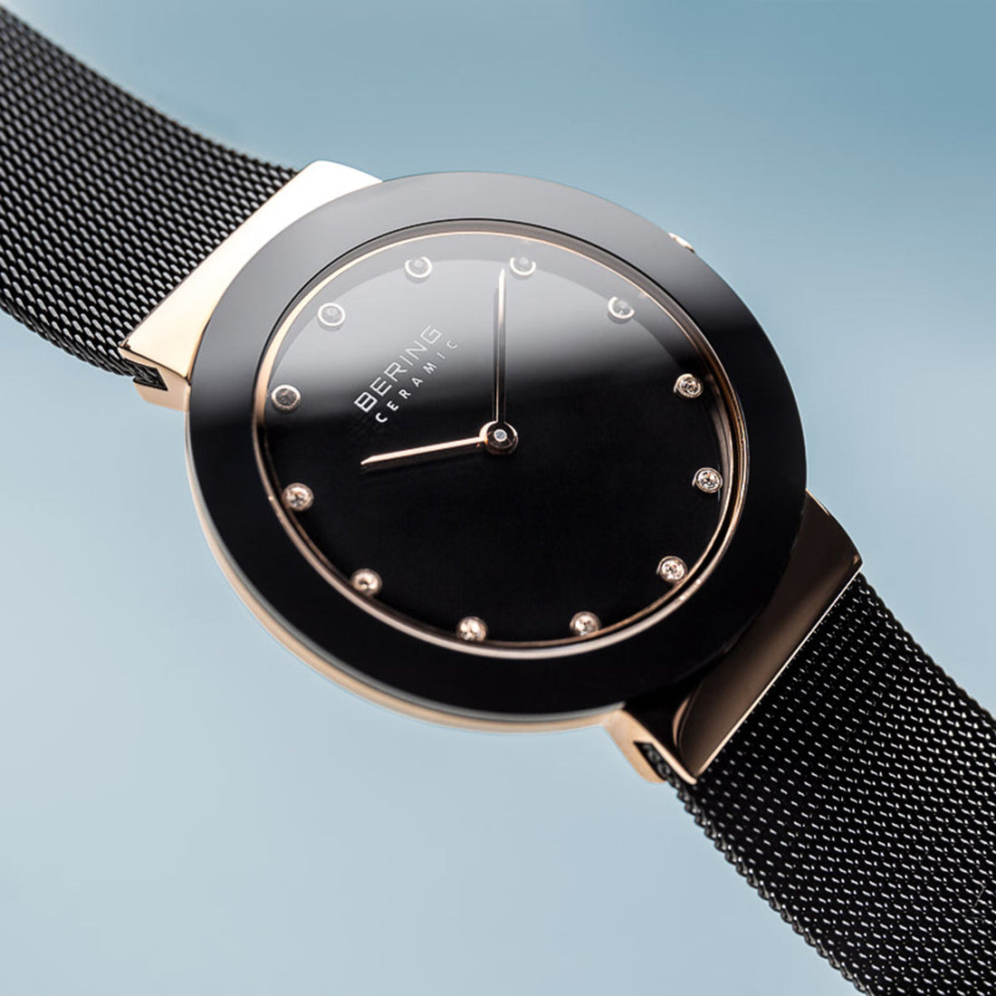 Bering Ceramic Polished Rose Gold Black Mesh Watch-PEROZ Accessories