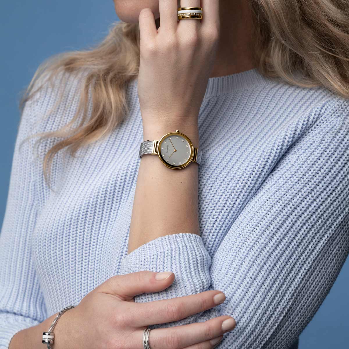 Bering Classic Polished Gold Silver Mesh Watch-PEROZ Accessories