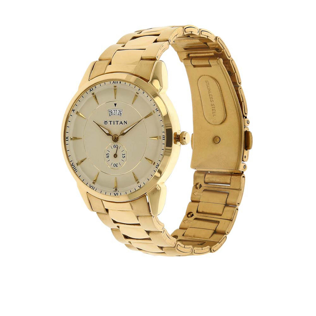 Titan Quartz Analogue with Date Champagne Dial Stainless Steel Strap Watch for Men-PEROZ Accessories