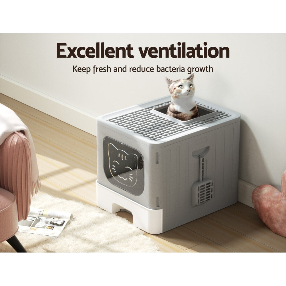 i.Pet Cat Litter Box Large Tray Kitty Toilet Enclosed Hooded Foldable Cat Litter Box Scoop Grey-Pet Care > Cat Supplies > Cat Litter-PEROZ Accessories