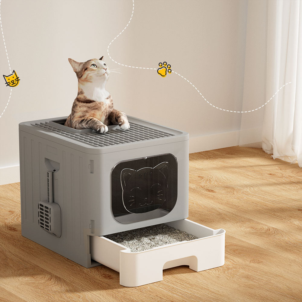 i.Pet Cat Litter Box Large Tray Kitty Toilet Enclosed Hooded Foldable Cat Litter Box Scoop Grey-Pet Care > Cat Supplies > Cat Litter-PEROZ Accessories