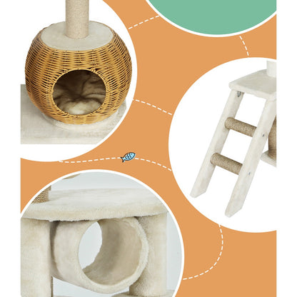 i.Pet Cat Tree 138cm Tower Scratching Post Scratcher Wood Bed Condo House Rattan Ladder-Pet Care > Cat Supplies > Cat Scratching Posts-PEROZ Accessories