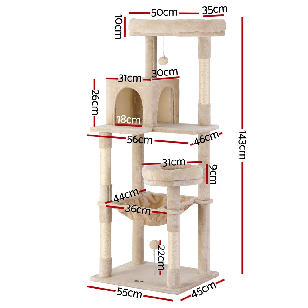 i.Pet Cat Tree 143cm Tower Scratching Post Trees Scratcher Condo House Beige-Pet Care > Cat Supplies > Cat Scratchers-PEROZ Accessories
