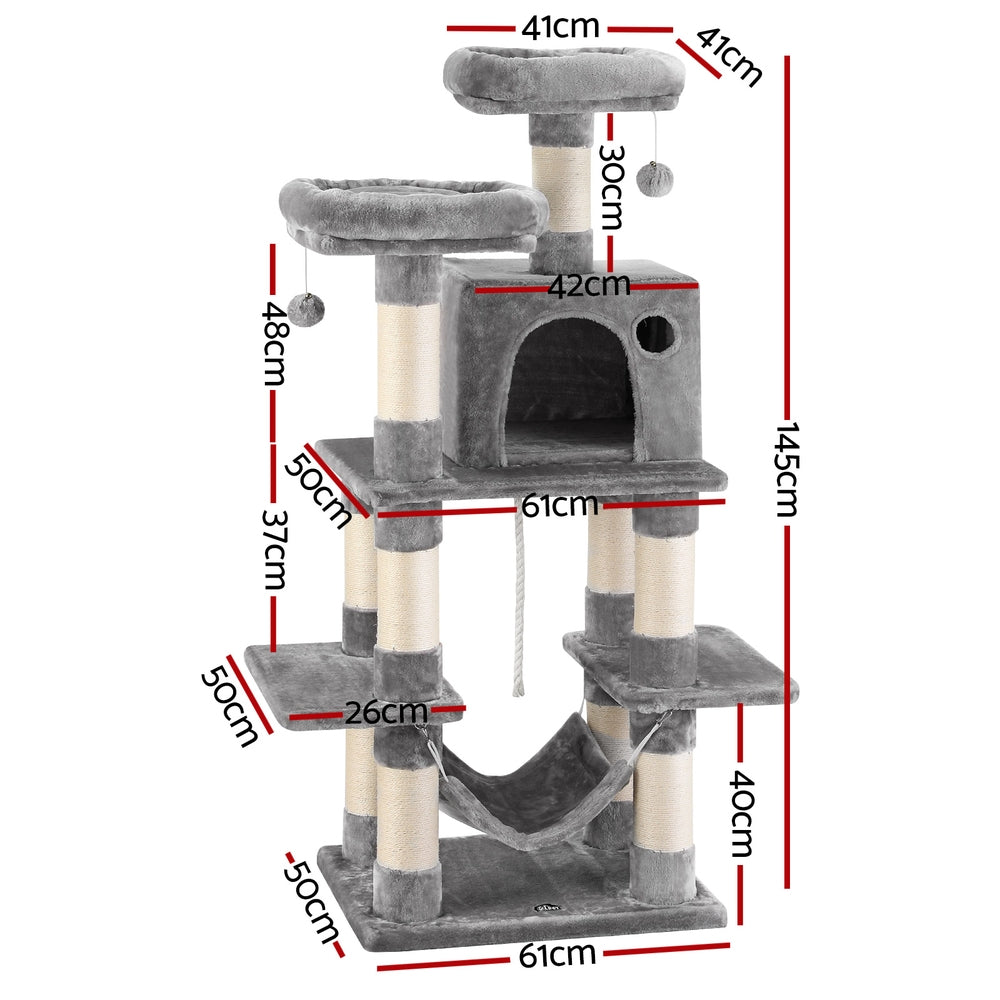 i.Pet Cat Tree 145cm Tower Scratching Post Trees Scratcher Condo House Light Grey-Pet Care > Cat Supplies > Cat Scratchers-PEROZ Accessories