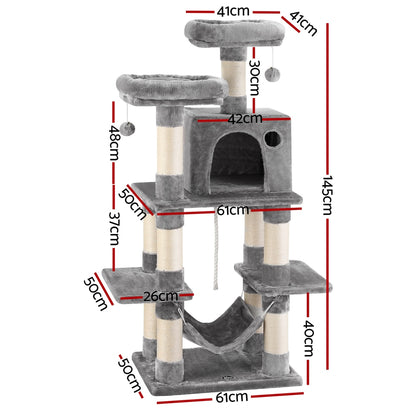 i.Pet Cat Tree 145cm Tower Scratching Post Trees Scratcher Condo House Light Grey-Pet Care > Cat Supplies > Cat Scratchers-PEROZ Accessories