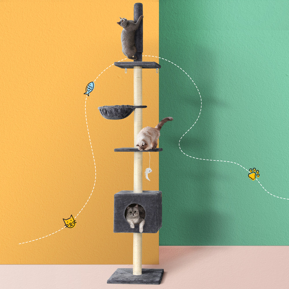 i.Pet Cat Tree 260cm Tower Scratching Post Scratcher Floor to Ceiling Cats Bed Dark Grey-Pet Care > Cat Supplies > Cat Scratching Posts-PEROZ Accessories