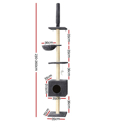 i.Pet Cat Tree 260cm Tower Scratching Post Scratcher Floor to Ceiling Cats Bed Dark Grey-Pet Care > Cat Supplies > Cat Scratching Posts-PEROZ Accessories