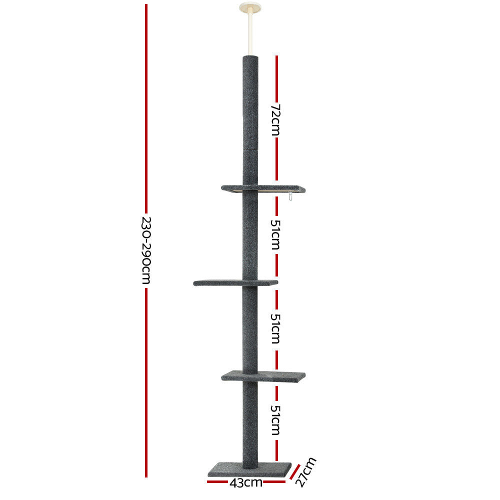 i.Pet Cat Tree 290cm Tower Scratching Post Scratcher Floor to Ceiling Cats Bed Grey-Pet Care > Cat Supplies > Cat Scratching Posts-PEROZ Accessories