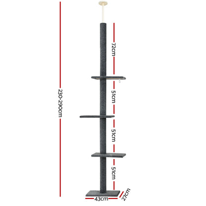 i.Pet Cat Tree 290cm Tower Scratching Post Scratcher Floor to Ceiling Cats Bed Grey-Pet Care > Cat Supplies > Cat Scratching Posts-PEROZ Accessories