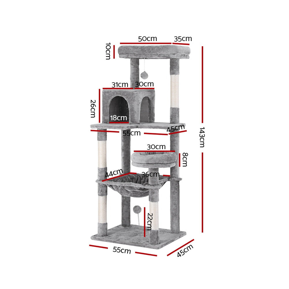 i.Pet Cat Tree Tower Scratching Post Scratcher 143cm Condo House Trees Grey-Pet Care &gt; Cat Supplies &gt; Cat Scratching Posts-PEROZ Accessories