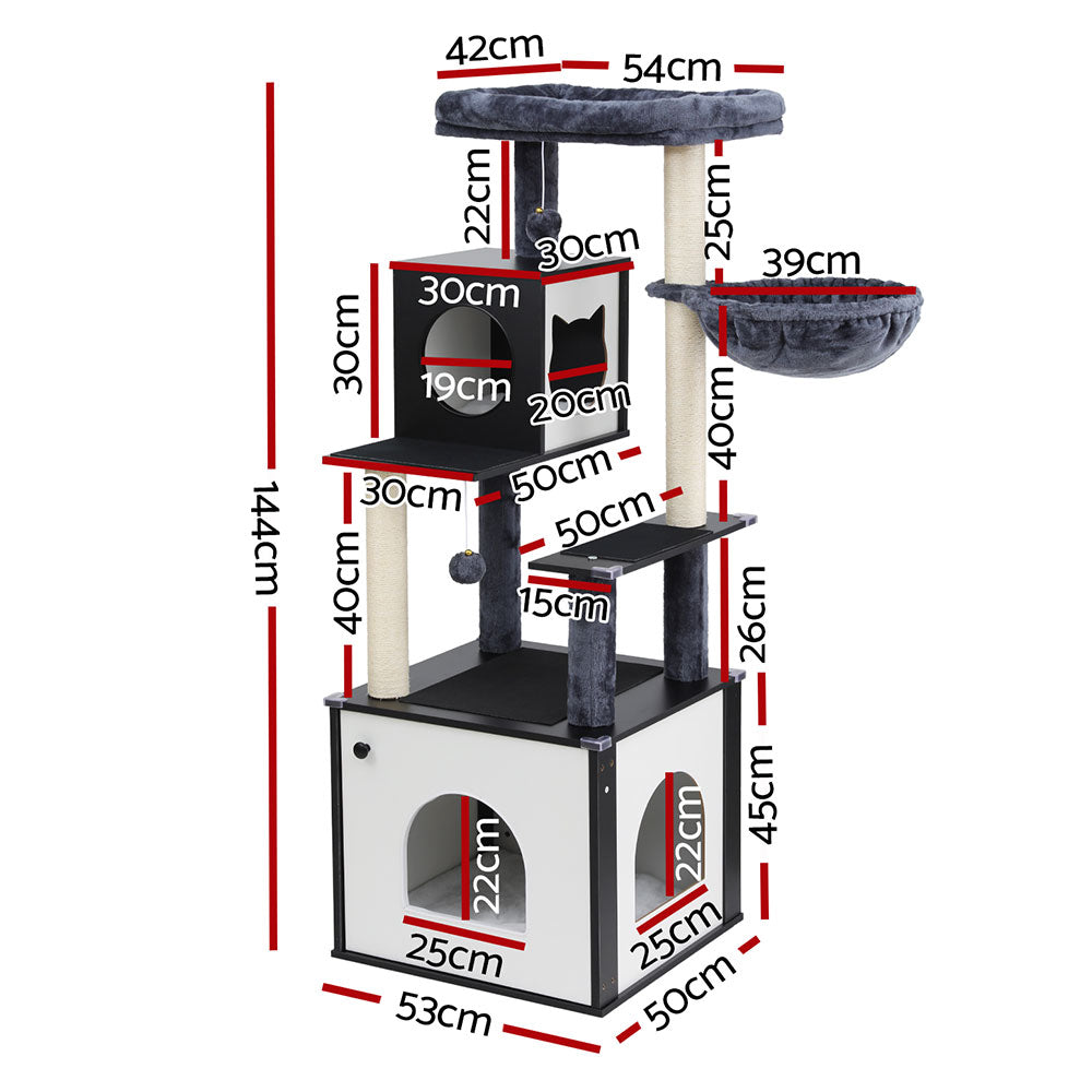 i.Pet Cat Tree Tower Scratching Post Scratcher 144cm Wood Bed Condo House Cabinet-Pet Care > Cat Supplies > Cat Scratching Posts-PEROZ Accessories