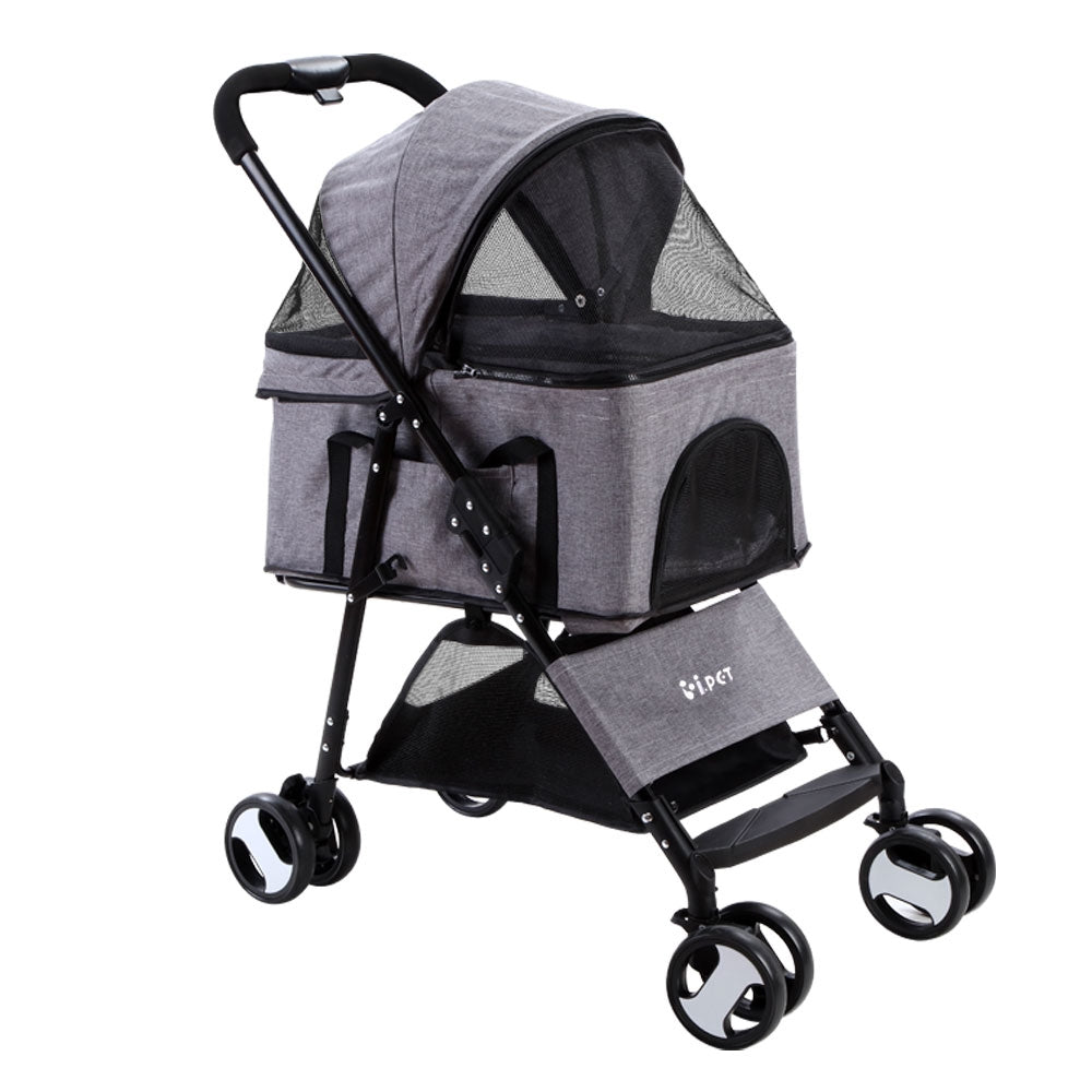 i.Pet Pet Stroller Dog Pram Cat Carrier Travel Large Pushchair Foldable 4 Wheels Grey-Pet Care > Cat Supplies > Cat Carriers &amp; Crates-PEROZ Accessories
