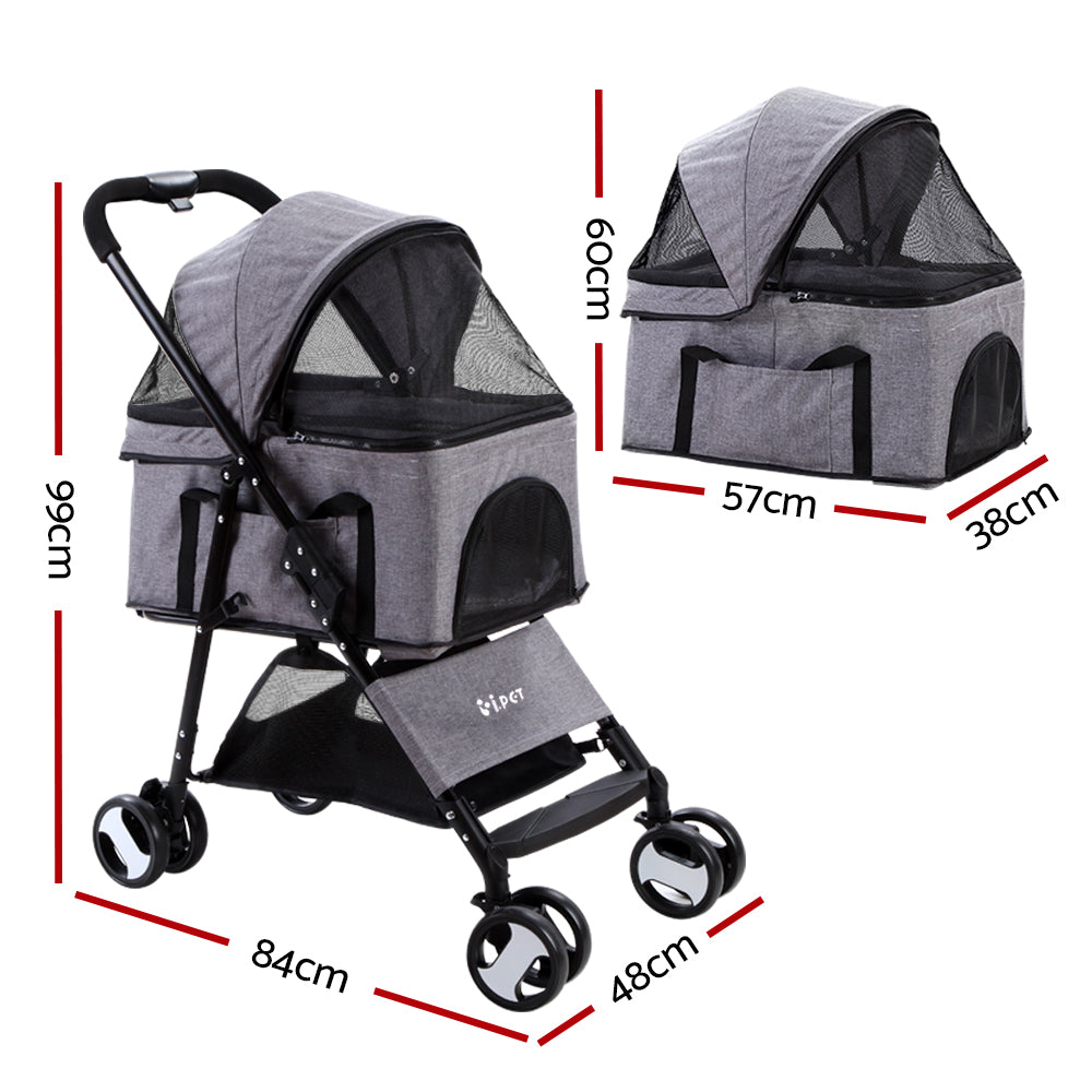 i.Pet Pet Stroller Dog Pram Cat Carrier Travel Large Pushchair Foldable 4 Wheels Grey-Pet Care > Cat Supplies > Cat Carriers &amp; Crates-PEROZ Accessories