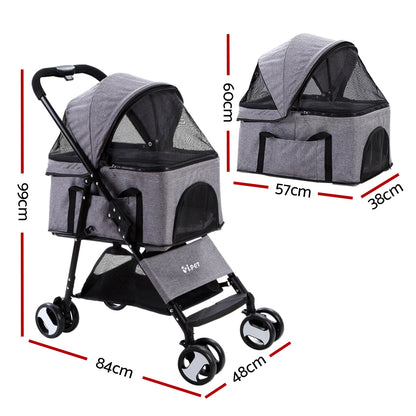 i.Pet Pet Stroller Dog Pram Cat Carrier Travel Large Pushchair Foldable 4 Wheels Grey-Pet Care > Cat Supplies > Cat Carriers &amp; Crates-PEROZ Accessories