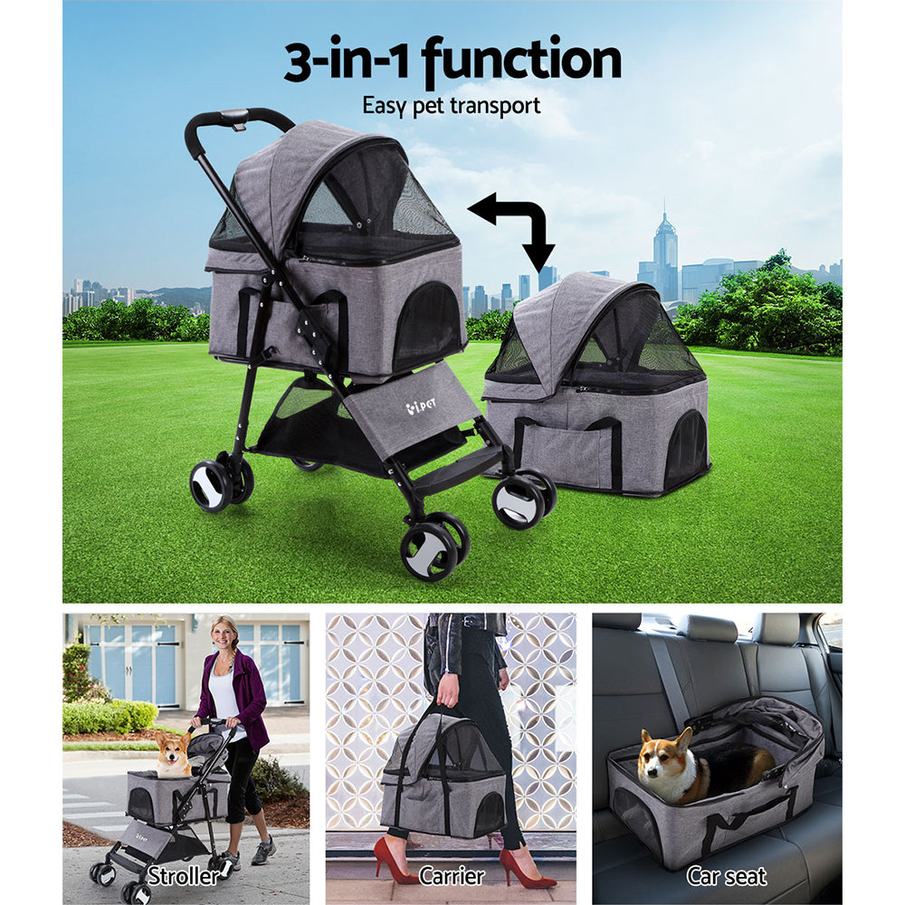 i.Pet Pet Stroller Dog Pram Cat Carrier Travel Large Pushchair Foldable 4 Wheels Grey-Pet Care > Cat Supplies > Cat Carriers &amp; Crates-PEROZ Accessories