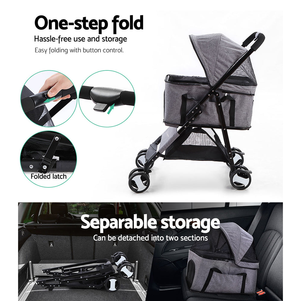 i.Pet Pet Stroller Dog Pram Cat Carrier Travel Large Pushchair Foldable 4 Wheels Grey-Pet Care > Cat Supplies > Cat Carriers &amp; Crates-PEROZ Accessories