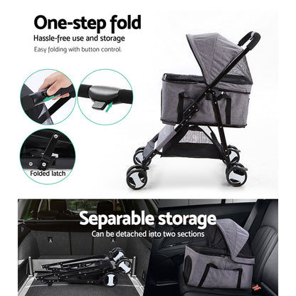 i.Pet Pet Stroller Dog Pram Cat Carrier Travel Large Pushchair Foldable 4 Wheels Grey-Pet Care > Cat Supplies > Cat Carriers &amp; Crates-PEROZ Accessories