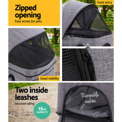 i.Pet Pet Stroller Dog Pram Cat Carrier Travel Large Pushchair Foldable 4 Wheels Grey-Pet Care > Cat Supplies > Cat Carriers &amp; Crates-PEROZ Accessories