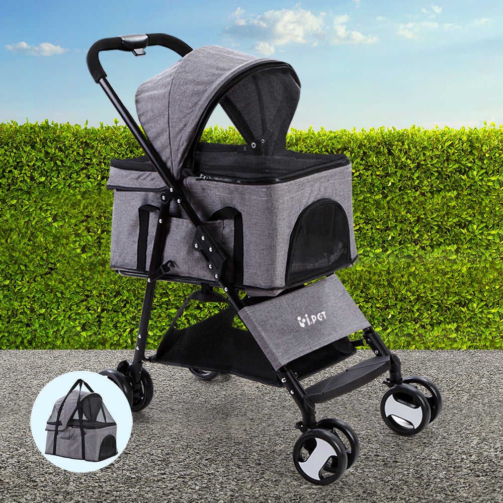 i.Pet Pet Stroller Dog Pram Cat Carrier Travel Large Pushchair Foldable 4 Wheels Grey-Pet Care > Cat Supplies > Cat Carriers &amp; Crates-PEROZ Accessories