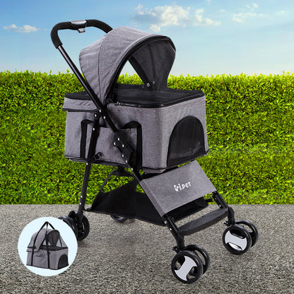i.Pet Pet Stroller Dog Pram Cat Carrier Travel Large Pushchair Foldable 4 Wheels Grey-Pet Care > Cat Supplies > Cat Carriers &amp; Crates-PEROZ Accessories