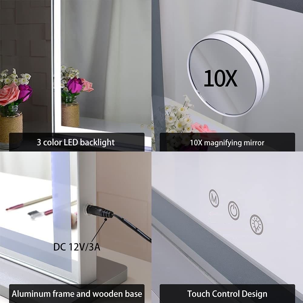 10x Magnification Mirror with Smart Touch Control and 3 Colors Dimmable Light for Bathroom and Bedroom (71 x 57 cm)-Makeup Mirrors-PEROZ Accessories