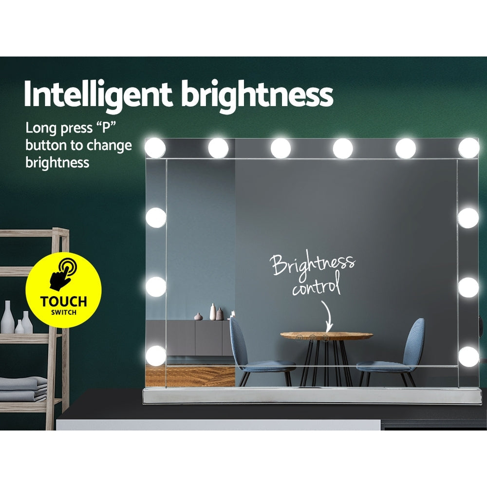 Embellir Hollywood Makeup Mirror With Light 12 LED Bulbs Vanity Lighted Silver 58cm x 46cm-Makeup Mirrors-PEROZ Accessories