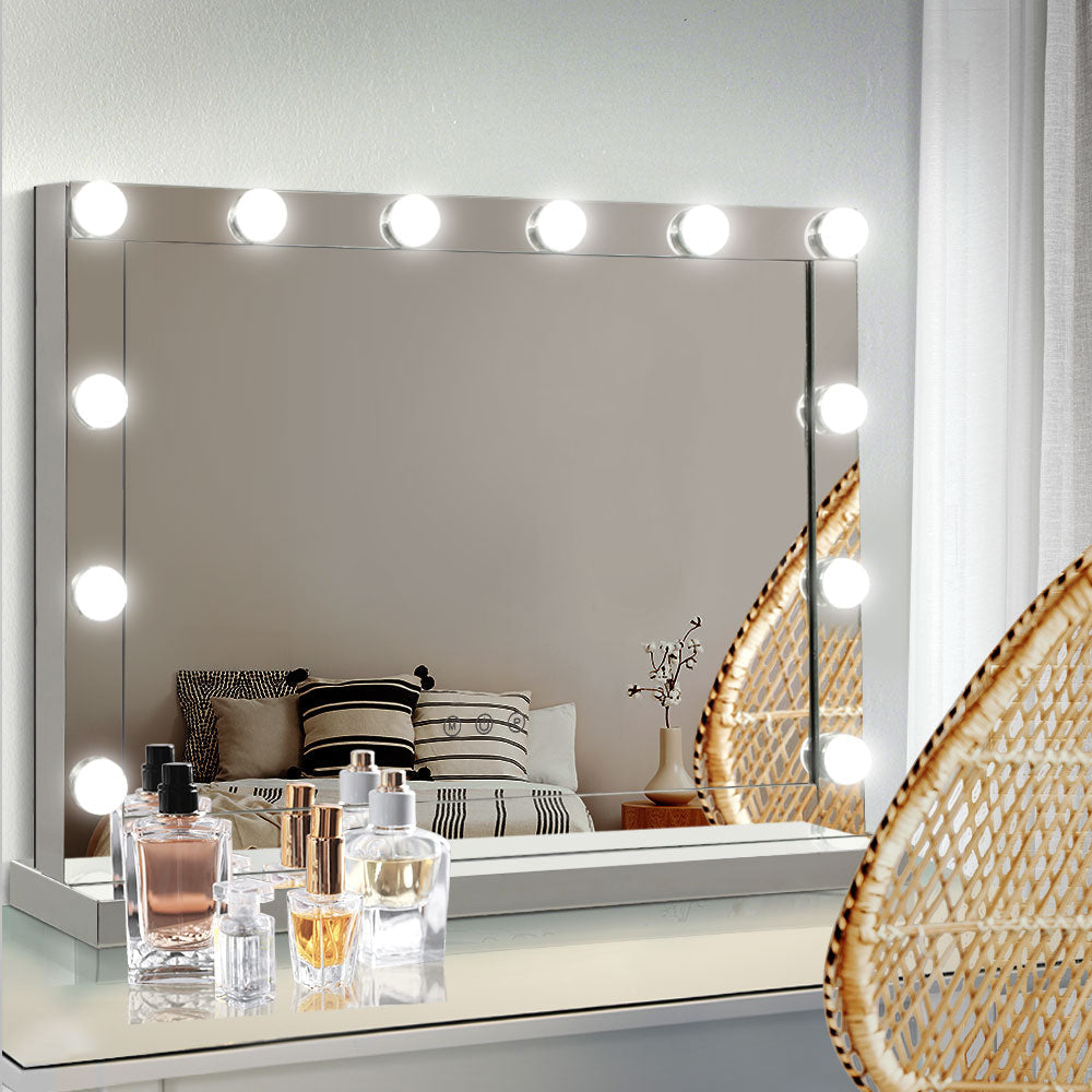Embellir Hollywood Makeup Mirror With Light 12 LED Bulbs Vanity Lighted Silver 58cm x 46cm-Makeup Mirrors-PEROZ Accessories