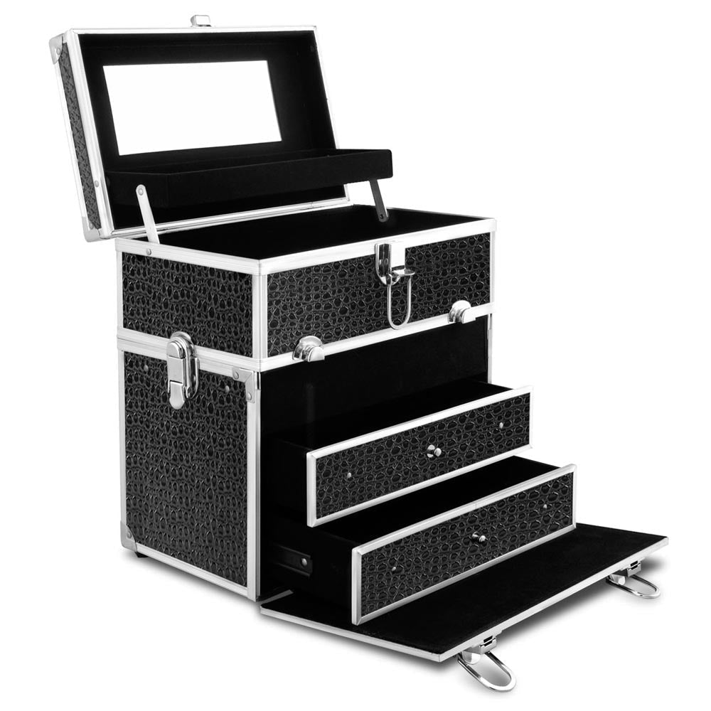 Embellir Portable Cosmetic Beauty Makeup Carry Case with Mirror - Crocodile Black-Makeup Organisers-PEROZ Accessories