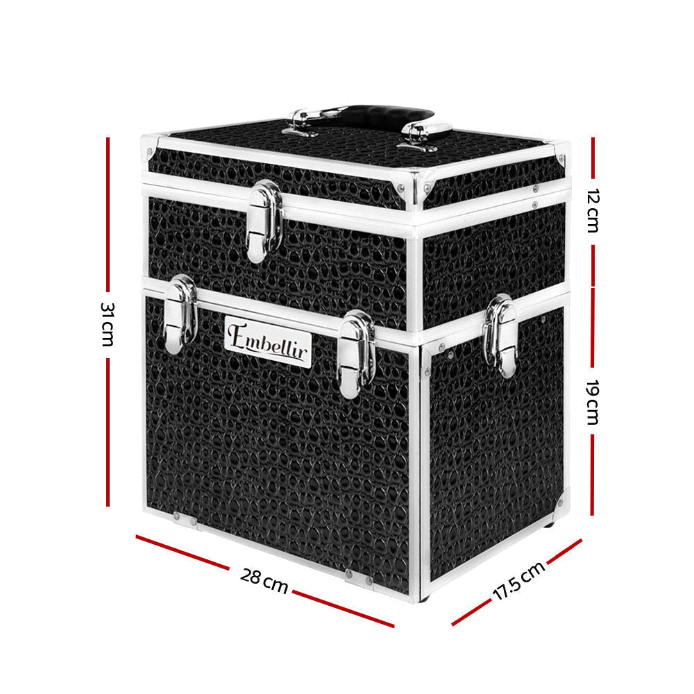 Embellir Portable Cosmetic Beauty Makeup Carry Case with Mirror - Crocodile Black-Makeup Organisers-PEROZ Accessories