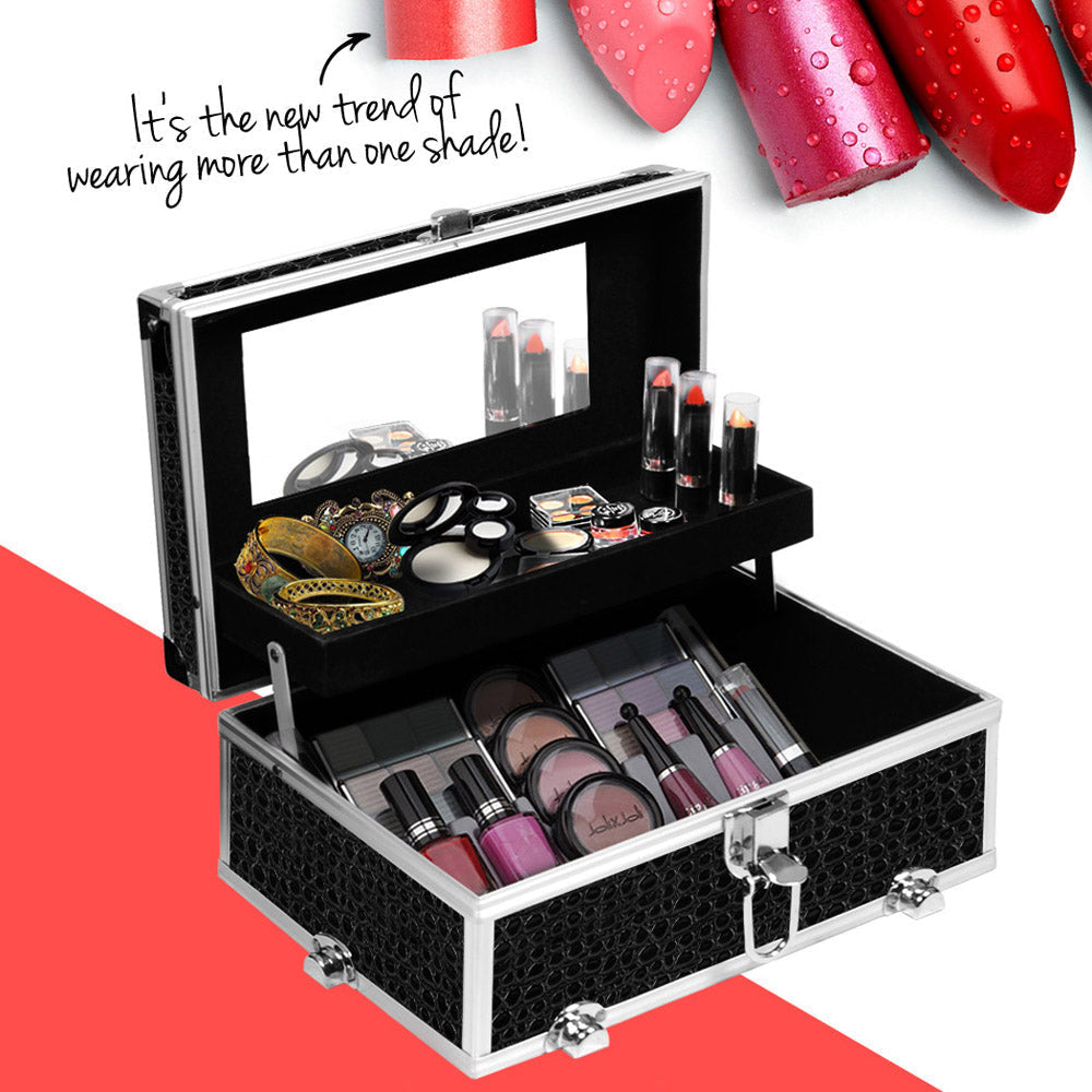 Embellir Portable Cosmetic Beauty Makeup Carry Case with Mirror - Crocodile Black-Makeup Organisers-PEROZ Accessories