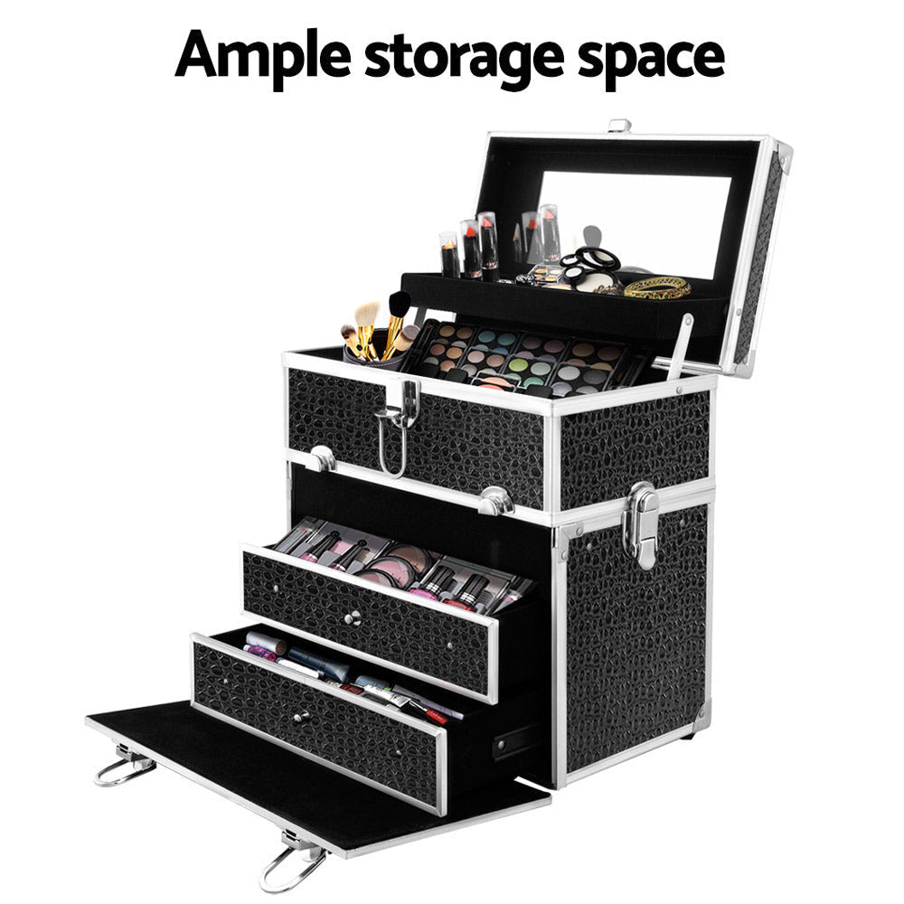 Embellir Portable Cosmetic Beauty Makeup Carry Case with Mirror - Crocodile Black-Makeup Organisers-PEROZ Accessories