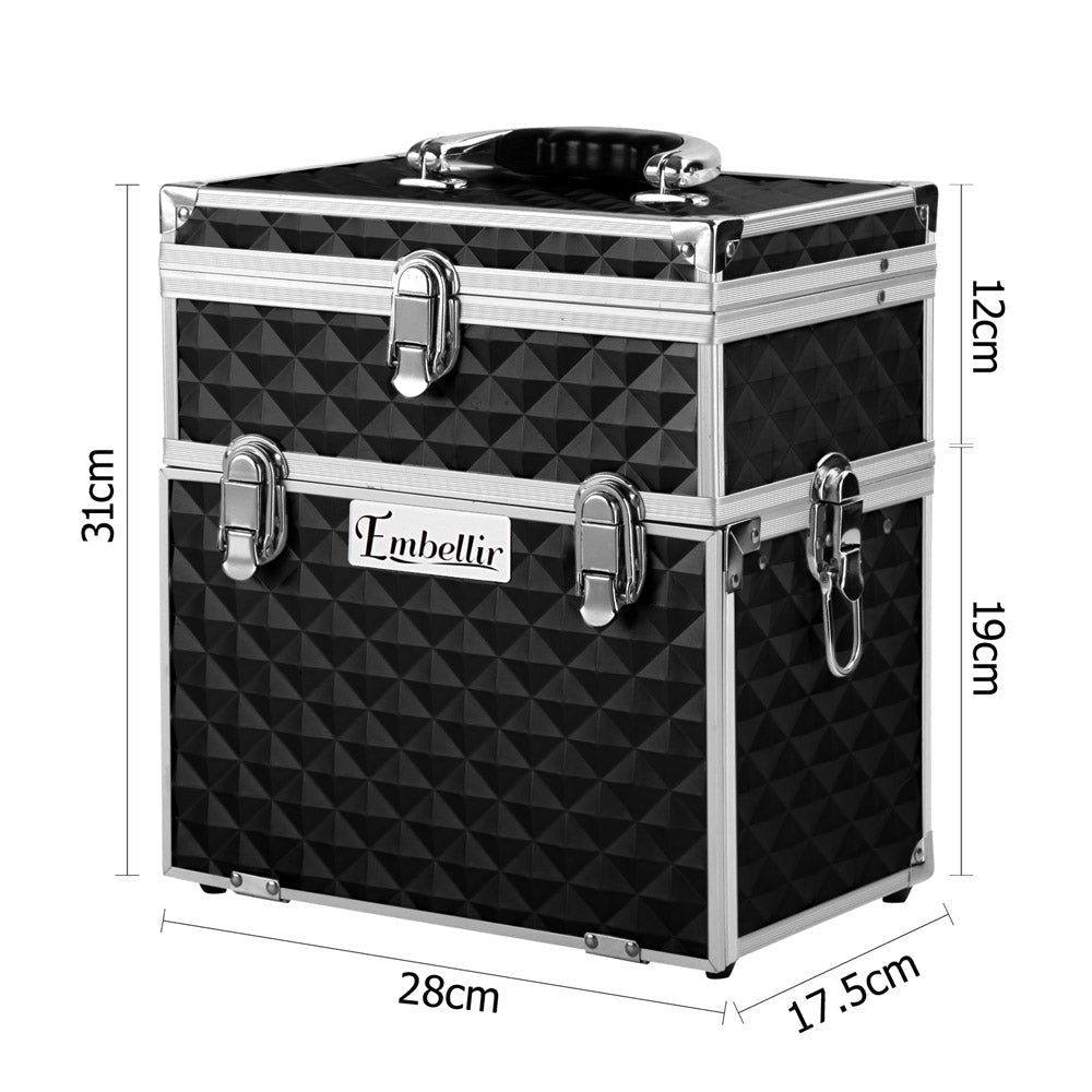 Embellir Portable Cosmetic Beauty Makeup Carry Case with Mirror - Diamond Black-Makeup Organisers-PEROZ Accessories