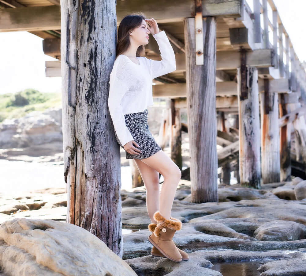 UGG EVERAU® UGG Boots Women Sheepskin Wool Collar Short Button Donna-PEROZ Accessories