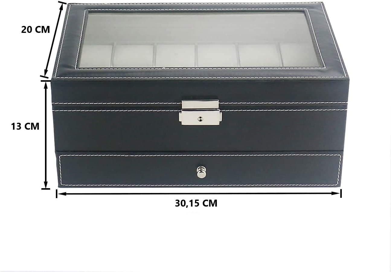 12 Slot PU Leather Lockable Watch and Jewelry Storage Boxes (Black)-Watch Accessories-PEROZ Accessories