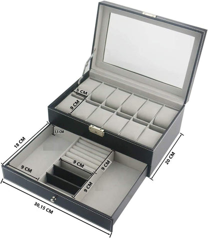 12 Slot PU Leather Lockable Watch and Jewelry Storage Boxes (Black)-Watch Accessories-PEROZ Accessories