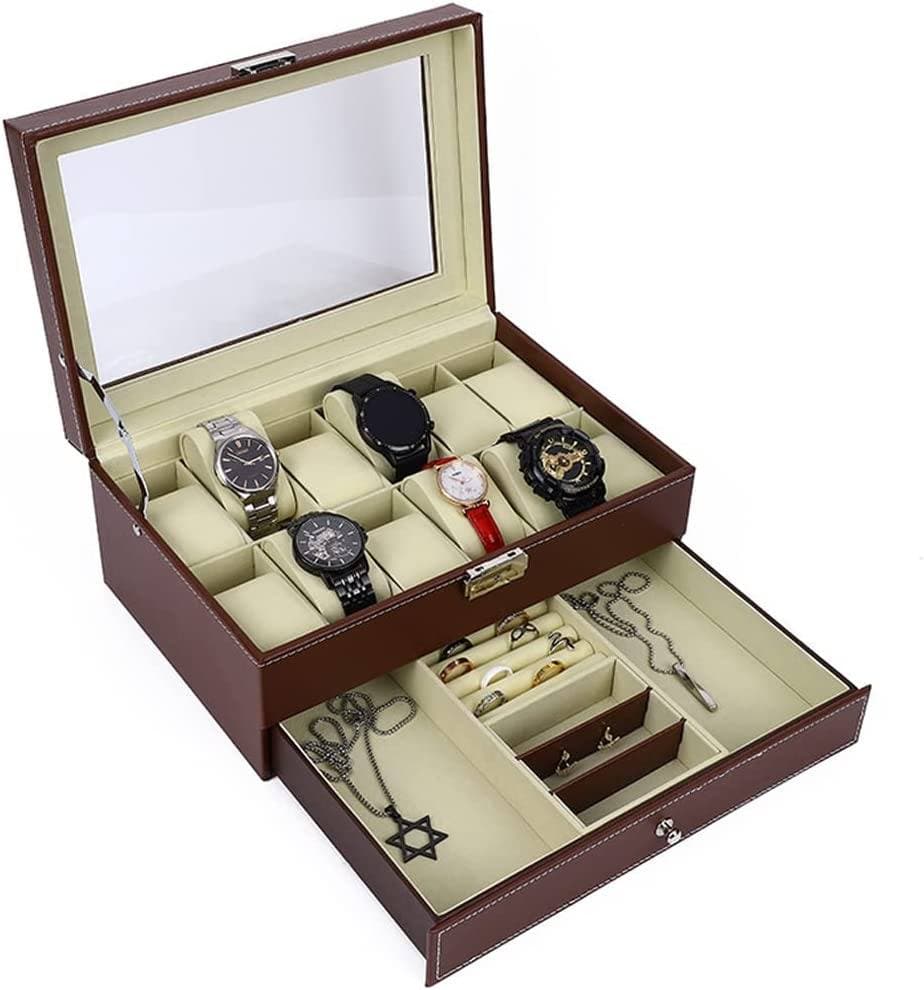 12 Slot PU Leather Lockable Watch and Jewelry Storage Boxes (Brown)-Watch Accessories-PEROZ Accessories
