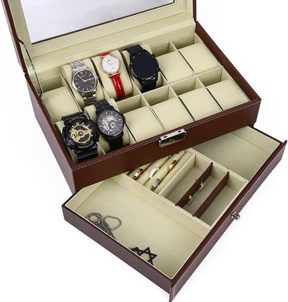 12 Slot PU Leather Lockable Watch and Jewelry Storage Boxes (Brown)-Watch Accessories-PEROZ Accessories