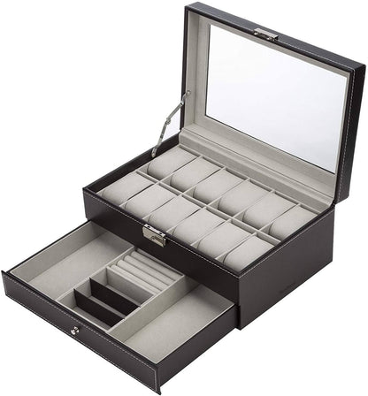 Black Leather Watch Box Jewelry Display Case with Drawers (12 Slots with 2 Layers)-Watch Accessories-PEROZ Accessories