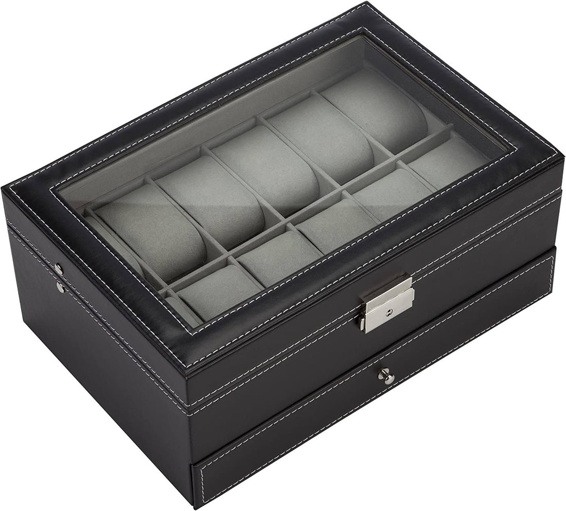 Black Leather Watch Box Jewelry Display Case with Drawers (12 Slots with 2 Layers)-Watch Accessories-PEROZ Accessories