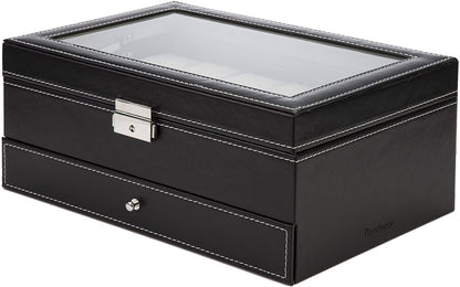 Black Leather Watch Box Jewelry Display Case with Drawers (12 Slots with 2 Layers)-Watch Accessories-PEROZ Accessories