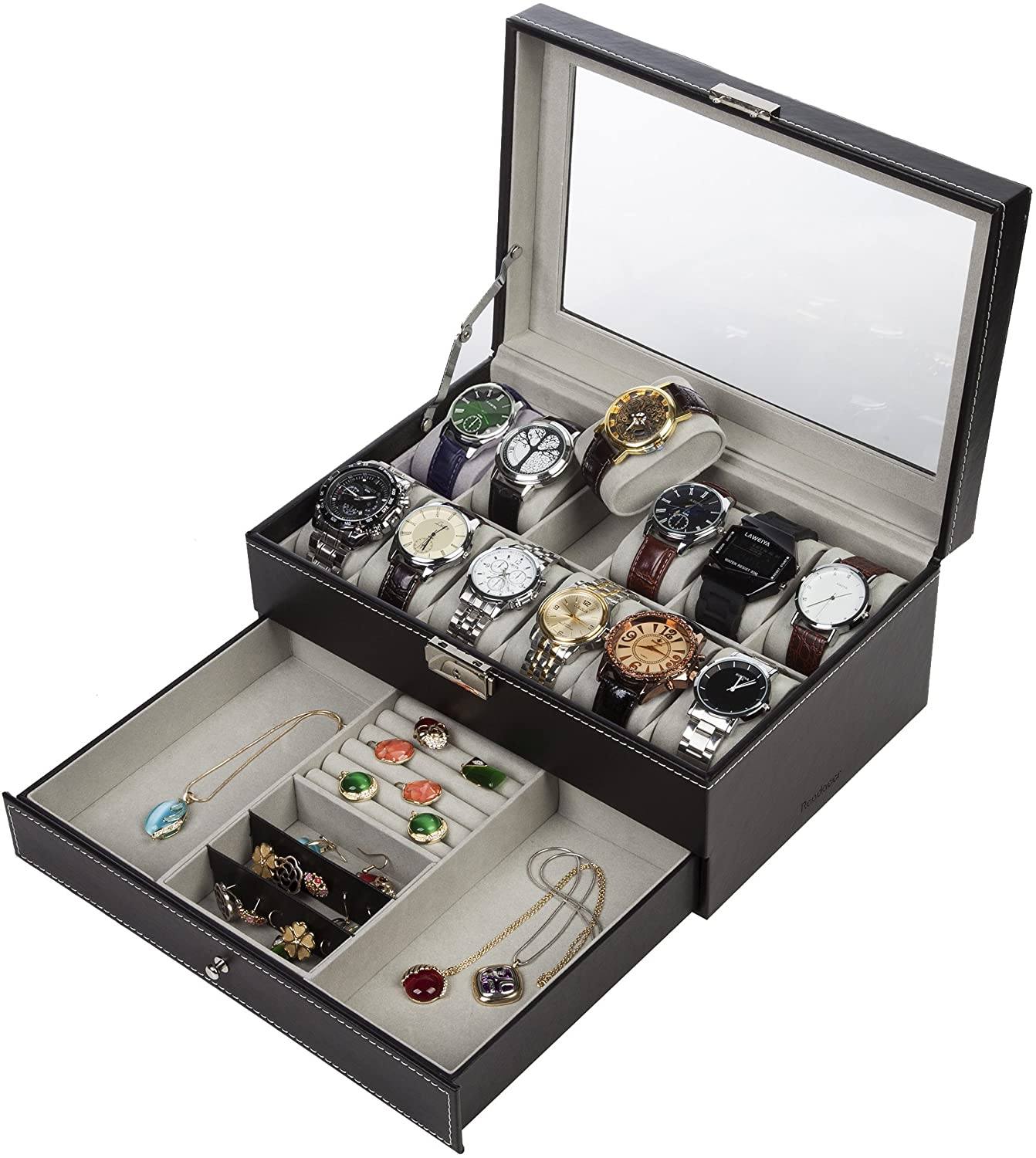 Black Leather Watch Box Jewelry Display Case with Drawers (12 Slots with 2 Layers)-Watch Accessories-PEROZ Accessories