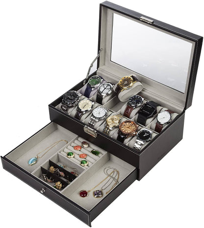 Black Leather Watch Box Jewelry Display Case with Drawers (12 Slots with 2 Layers)-Watch Accessories-PEROZ Accessories