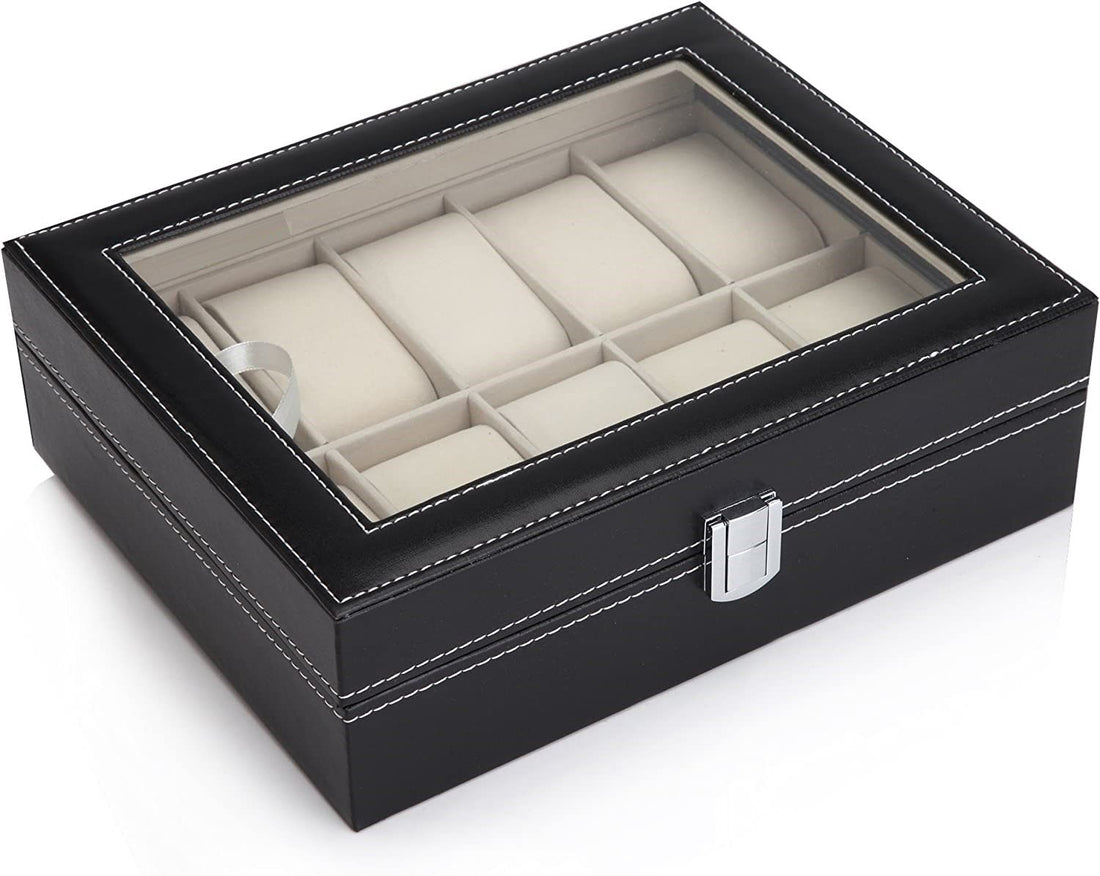 Black PU Leather Watch Organizer Display Storage Box Cases for Men &amp; Women (10 slots)-Watch Accessories-PEROZ Accessories
